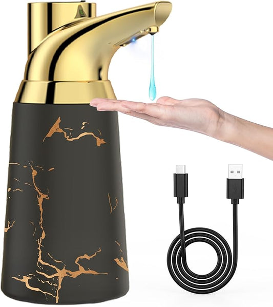 Adjustable Automatic Soap Dispenser Touchless, Ceramic Material，4 Adjustable Levels， Type-c Rechargeable Operated Sensor Liquid Soap Pump，Touch-Free Hand Sanitizer Dispenser (Black Gold)