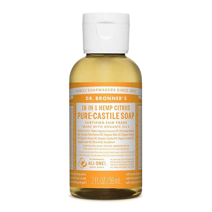 Dr. Bronner's - Pure-Castile Liquid Soap (Citrus, 2 ounce) - Made with Organic Oils, 18-in-1 Uses: Face, Body, Hair, Laundry, Pets and Dishes, Concentrated, Vegan, Non-GMO
