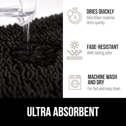 GORILLA GRIP Bath Rug Mat, Thick Soft Absorbent Chenille, Quick Dry Microfiber Mats, Rubber Backing Washable Shower Floor Rugs, Bathmat Runner, US Designed Bathroom Home Decor Accessories 24x17, Black