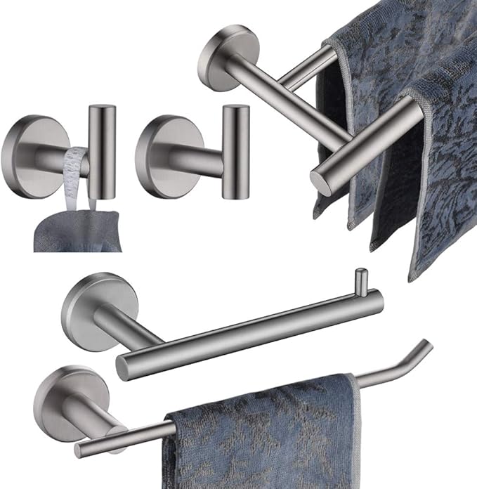 JQK Bath Hardware Towel Bar Accessory Set, 5-Piece Bathroom Accessories Fixtures Set Brushed Finished Wall Mount Includes 24" Towel Bar, 9" Hand Towel Bar, Toilet Paper Holder, Robe Hook x2, BAS105-BN