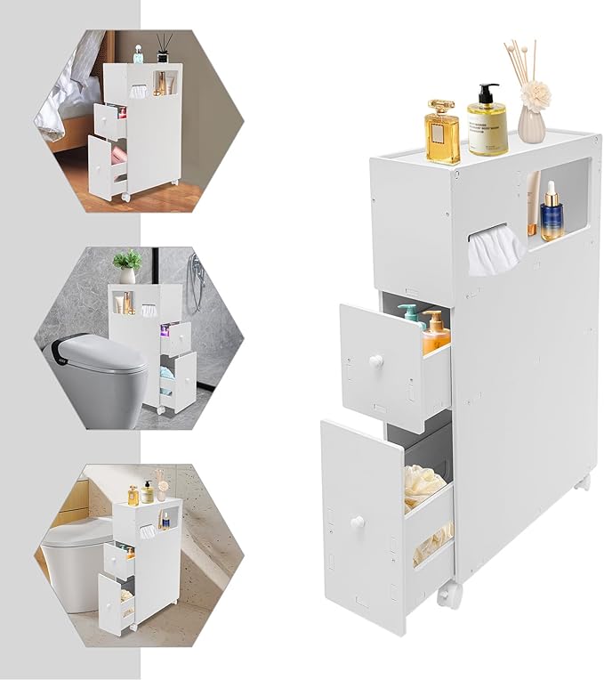 Slim Bathroom Storage Cabinet 4 Layers White Toilet Paper Storage with 4 Wheels Small Narrow Bathroom Storage Cabinet for Storing Tissues, Shampoos, Creams