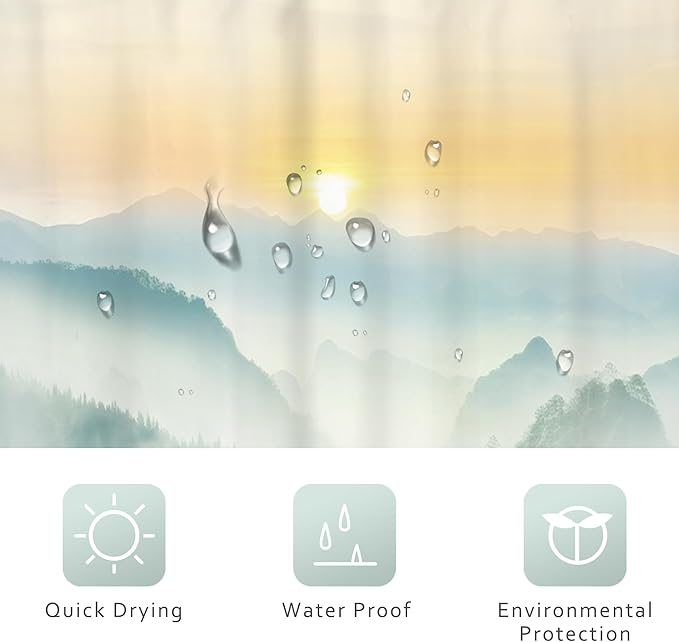 Riyidecor Misty Mountain Shower Curtain 60Wx72H Inch Green Spring Scenery Sunrise Foggy Smokey Tree Nature Pine Scenic Woodland Greenery Bathroom Decor Fabric Polyester Waterproof 12 Pack Hooks