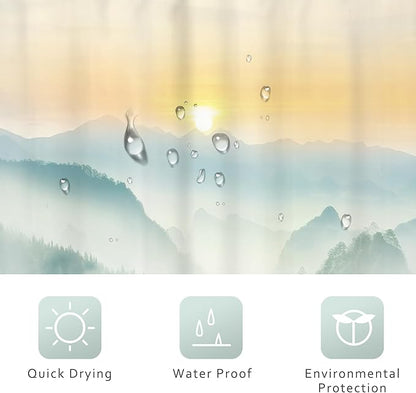Riyidecor Misty Mountain Shower Curtain 60Wx72H Inch Green Spring Scenery Sunrise Foggy Smokey Tree Nature Pine Scenic Woodland Greenery Bathroom Decor Fabric Polyester Waterproof 12 Pack Hooks