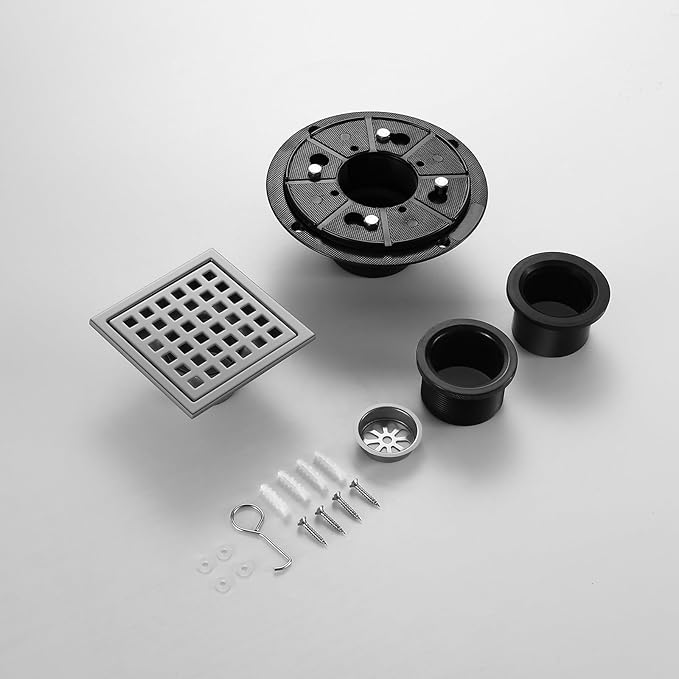 Shower Drain, Chrome 4 inch Square Shower Floor Drain with Flange, Silver Removeable Grid Panel SUS 304 Stainless Steel Square Shower Drain