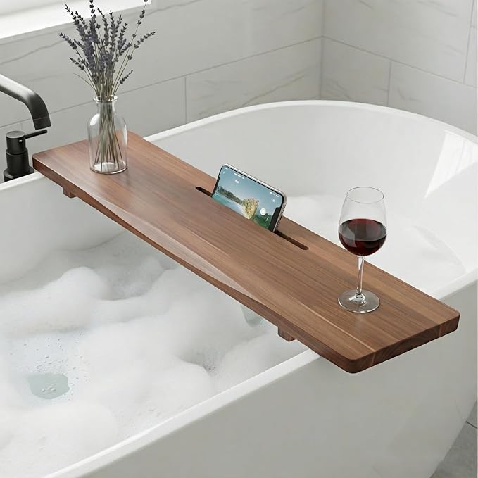 Acacia Wood Bathtub Tray Caddy for Freestanding Tub, 35 Inch Adjustable Bath Tray for Tub, Luxury Spa Bathroom Tray Organizer Table, Bath Tub Accessories for Women, Housewarming, Birthday Gifts