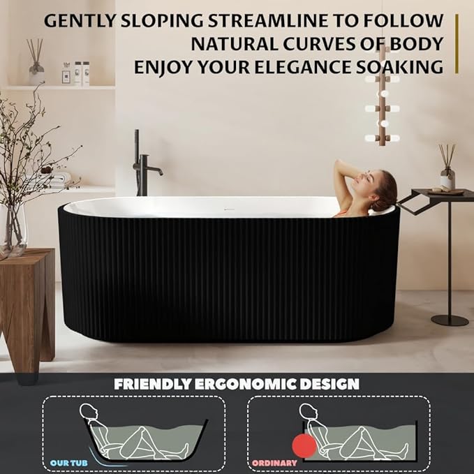 67-in Freestanding Bathtub - Acrylic Soaking Tub with Overflow Drain - CUPC Certified Thickened Design Glossy Black for Bathroom