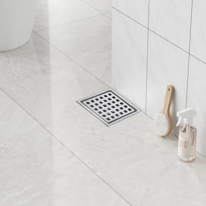 4 Inch Square Shower Floor Drain with Flange,Quadrato Pattern Grate Removable,Food-Grade SUS 304 Stainless Steel,Brushed Nickel