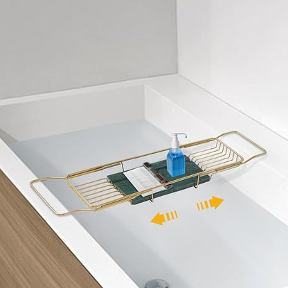 Bathtub Tray Caddy for Luxury Bath, Stainless Steel 26.8-35.4 in Expandable Extra Wide Bath Tub Tray with Natural Marble and Mobile/Tablet Stand, Ideal for Home Spa Lovers (Gold + Green)