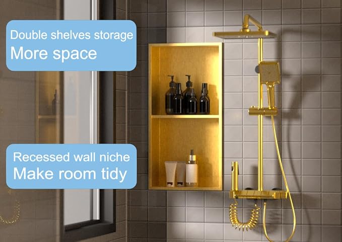 Non Tile Tube Niche Boxes for Showers,Bathroom Niche Double Shelves,Stainless Steel(Gold, 24 * 12 in)