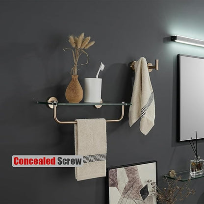 JQK Bathroom Glass Shelf, Shelf with 15 Inch Towel Bar Tempered Glass Shower Storage 16 by 5 inches, 304 Stainless Steel Champagne Bronze Wall Mount, TGS100L16-CB