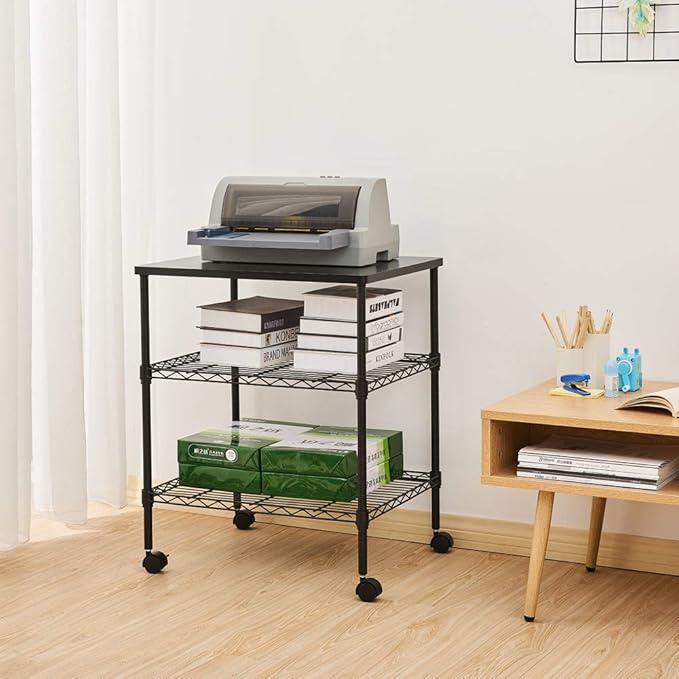 3 Tier Storage Racks Shelving, Heavy Steel Pantry Shelves, Adjustable Wire Shelving Rack with Desktop, Suitable for Garage, Kitchens, Bathroom, Offices, 22" W x 18" D x 26" H, Black