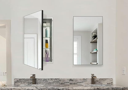 Bathroom Medicine Cabinet with Farmhouse Black Aluminium Alloy Framed 26(H) x 16(W) Inches Recess or Surface Mount Mirror Cabinet for Bathroom Toilet Kitchen