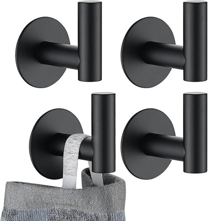 JQK Self Adhesive Towel Hook Black, No Drill Stick on Coat Robe Clothes Wall Hook for Bathroom Kitchen Garage 2 Pack, 304 Stainless Steel Matte Black, ATH110-PB-P4