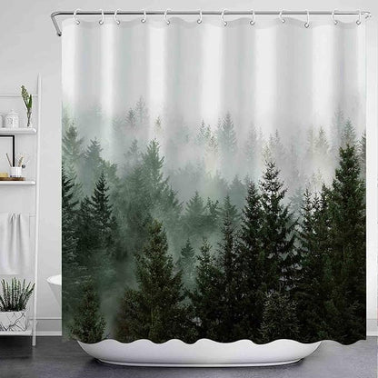 Aipon Green Misty Forest Shower Curtain Nature Tree Shower Curtain Set Dark Green Fabric Waterproof Shower Curtains for Bathroom Decor with 12 Hooks (72'' × 72'', Green4)