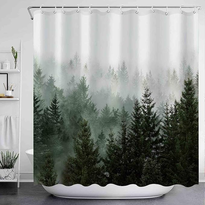 Aipon Green Misty Forest Shower Curtain Nature Tree Shower Curtain Set Dark Green Fabric Waterproof Shower Curtains for Bathroom Decor with 12 Hooks (72'' × 84'', Green4)