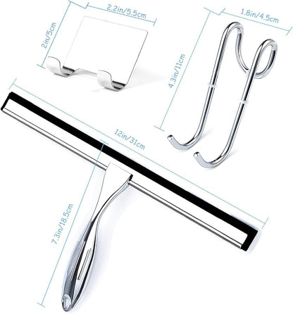 Shower Squeegee for Glass Doors, 12 Inches Bathroom Squeegee with Spare Silicone Blade, Shower Door Hook and Adhesive Hook, Stainless Steel Bathroom Squeegee for Mirror Window (12in-Silver-1 Pack)