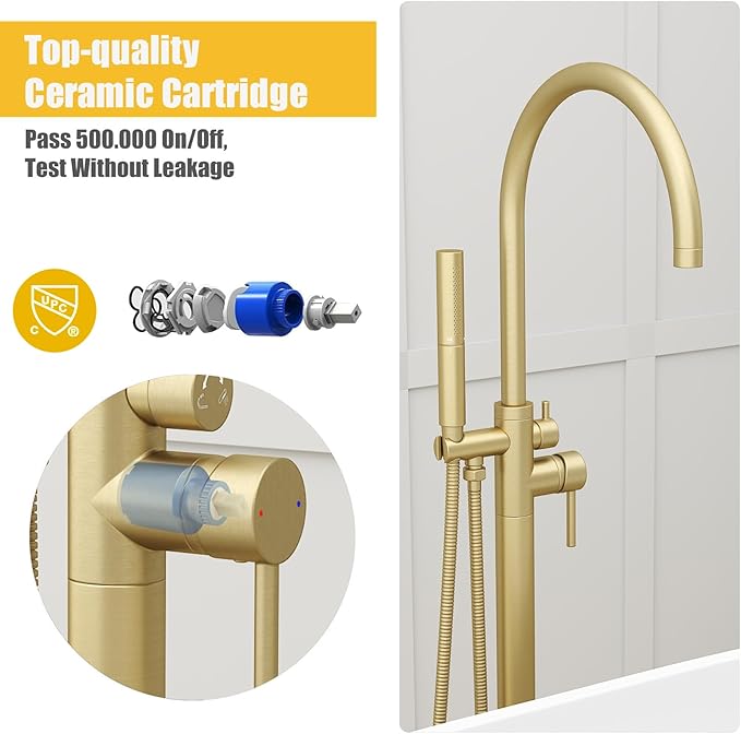 BESy Freestanding Bathtub Faucet Tub Filler Free Standing Floor Mount Stand Brass Bathroom Tub Faucets Sets with 2 Function Hand Sprayer Shower Wand Swivel Spout, Brushed Gold Finish
