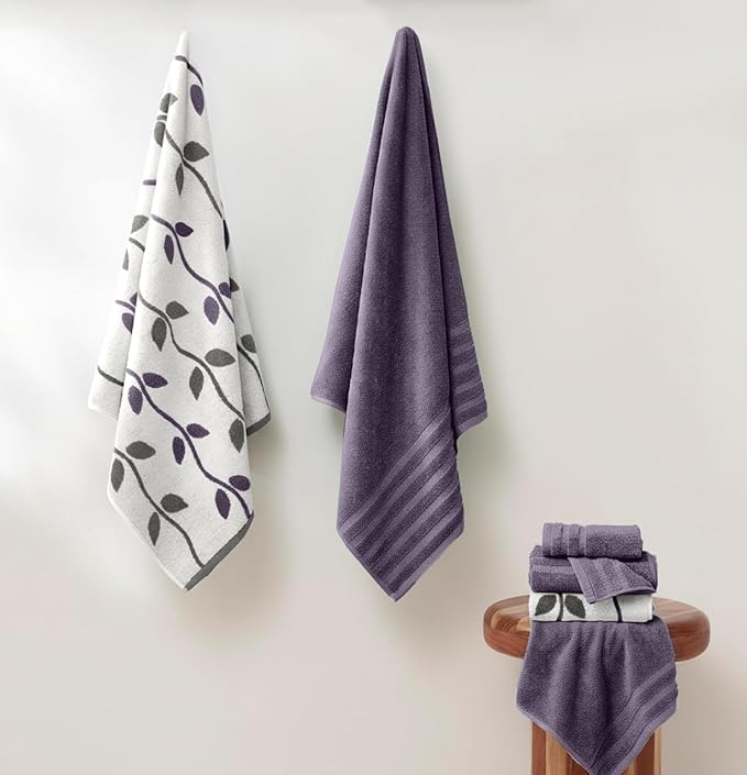 Modern Threads Organic Vines 6-Piece 100% Cotton Towel Set – Yarn Dyed Jacquard & Solid – Includes 2 Bath Towels, 2 Hand Towels, 2 Washcloths – Absorbent, Quick Dry, Soft & Durable – Lavender