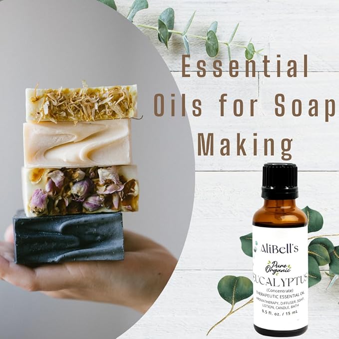 AliBell's- Essential Oils Eucalyptus - Essential Oils for Diffuser - 15 ml Undiluted Therapeutic Grade A Organic Concentrate, Multi-Purpose- Aromatherapy, Humidifier, Bath, Soap Making, Hair Care