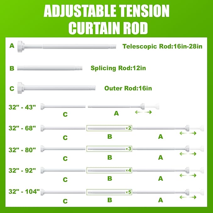 Ausemku Shower Curtain Rod - 32-68 Inch Rustproof Tension Rod, Non-Slip Spring Design, No Drilling Adjustable Curtain Rod for Bathroom, Kitchen, and Closet（White）