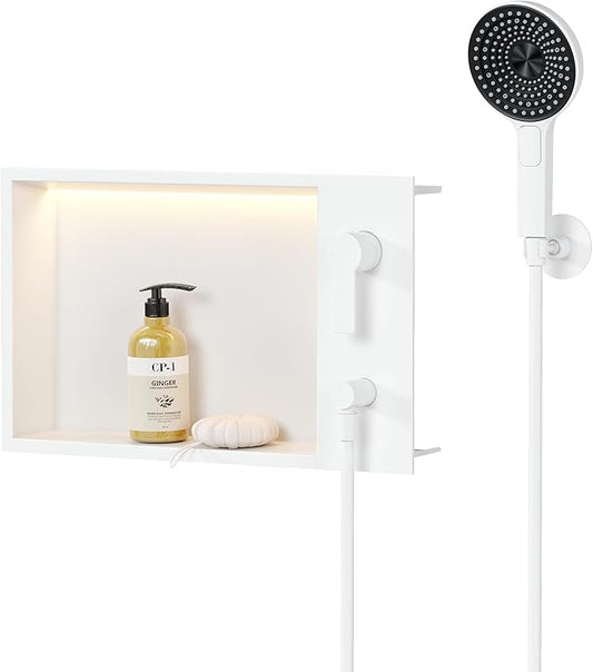 Shower Niche with Round Hand Shower,and LED Light in Matte White/Horizontal