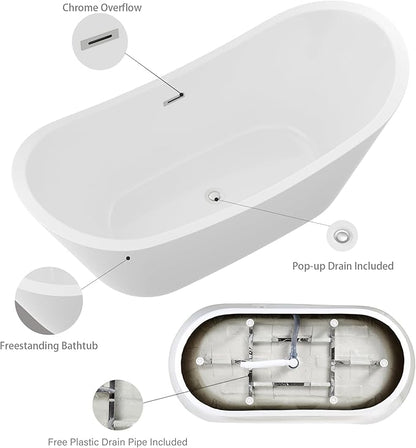 Logmey 67" Freestanding Bathtub White Acrylic Oval Shape Soaking Tub with Chrome Drain & Overflow Assembly for Classic Modern Bathrooms