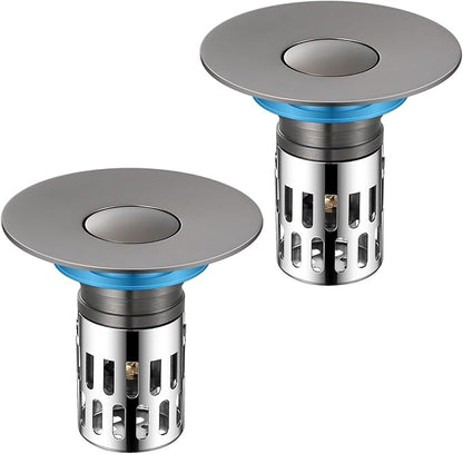 Universal Bathroom Sink Stopper, Pop Up Sink Drain Strainer Plug with Removable Stainless Steel Filter Basket Hair Catcher,Brass Body,Bathroom Bathtub Drain Stopper(2 PCS),Gun Grey
