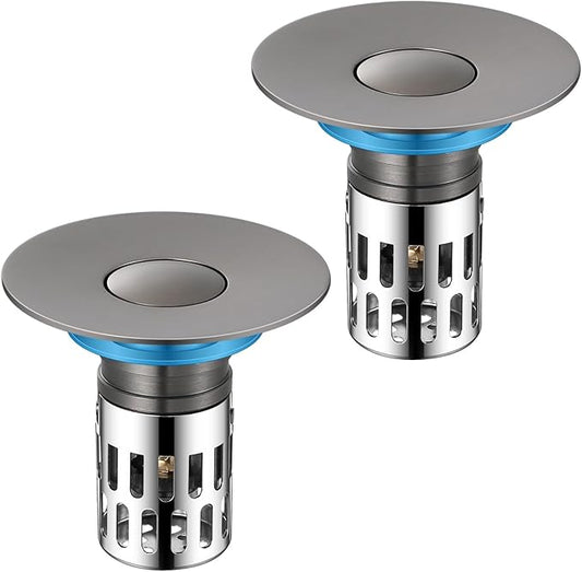 Universal Bathroom Sink Stopper, Pop Up Sink Drain Strainer Plug with Removable Stainless Steel Filter Basket Hair Catcher,Brass Body,Bathroom Bathtub Drain Stopper(2 PCS),Gun Grey
