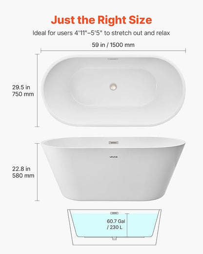 VEVOR Acrylic Freestanding Bathtub, 59 Inch Contemporary Soaking White Tub with Brushed Nickel Overflow and Drain, Elegant Oval Shape Stand Alone Soaker Tub for Modern Bathroom or Remodel Projects