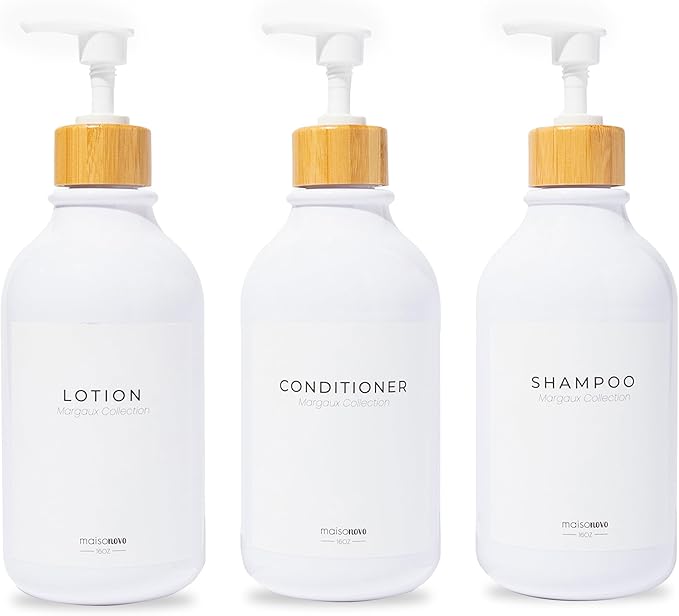 MaisoNovo Refillable Shampoo and Conditioner Bottles | 16.9 fl oz Set of 3 White Plastic Bottles White Bamboo Pumps