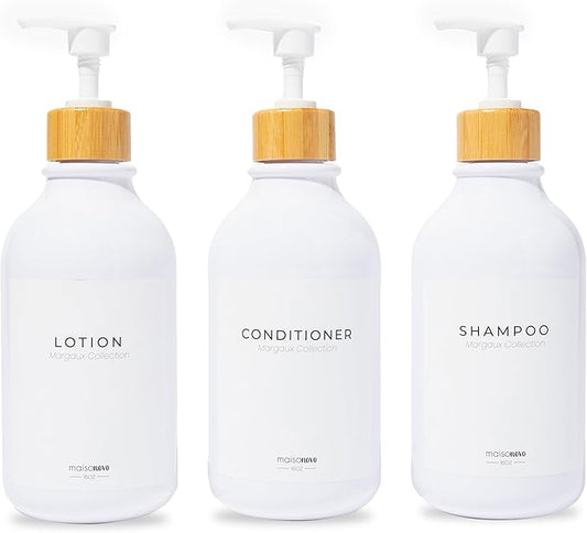 MaisoNovo Refillable Shampoo and Conditioner Bottles | 16.9 fl oz Set of 3 White Plastic Bottles White Bamboo Pumps