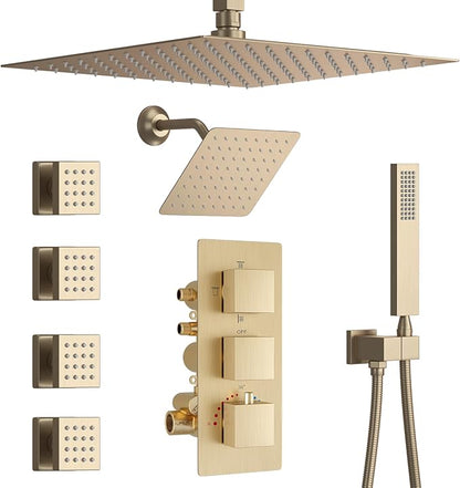 Thermostatic Shower System Brushed Gold Shower Faucet Set, Four Modes Shower Faucet with 4 PCS Body Jet, Handheld Spray, Ceiling Mount 12 inch Shower Head with 8 inch Wall Mount Shower Head