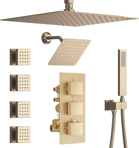 Thermostatic Shower System Brushed Gold Shower Faucet Set, Four Modes Shower Faucet with 4 PCS Body Jet, Handheld Spray, Ceiling Mount 12 inch Shower Head with 8 inch Wall Mount Shower Head