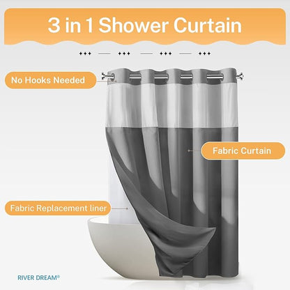 River Dream Heavyweight No Hooks Required Dotted Waffle Weave Shower Curtain with Snap in Liner - 71W x 80H,Hotel Grade,Spa Like Bath Curtain,Gray