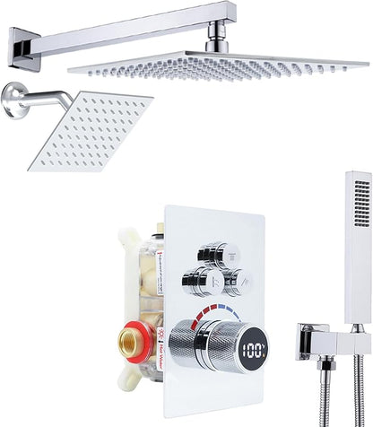 Digital Display Dual Head Shower system Rain Shower System Shower Wall Mount 10 Inch Ceiling Shower Head with 6 Inch Shower Head with shower handheld(Polished Chrome)