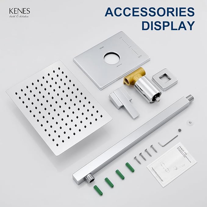 KENES Modern Polished Chrome 10-Inch Shower Head and Handle Set, Square Shower Faucet Set Bathroom Rainfall Shower System, KE-6024B-5 (Shower Valve Included)