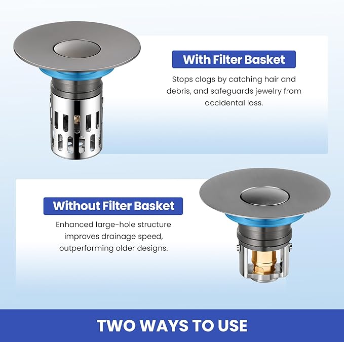 Universal Bathroom Sink Stopper, Pop Up Sink Drain Strainer Plug with Removable Stainless Steel Filter Basket Hair Catcher,Brass Body,Bathroom Bathtub Drain Stopper(2 PCS),Gun Grey