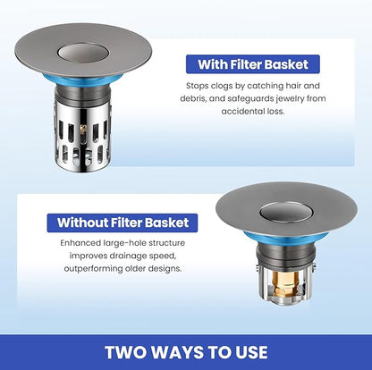 Universal Bathroom Sink Stopper, Pop Up Sink Drain Strainer Plug with Removable Stainless Steel Filter Basket Hair Catcher,Brass Body,Bathroom Bathtub Drain Stopper(2 PCS),Gun Grey