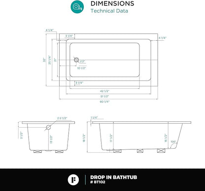 Fine Fixtures Drop In White Soaking Bathtub, Fiberglass Acrylic Material, 60"L x 32"W x 19"H