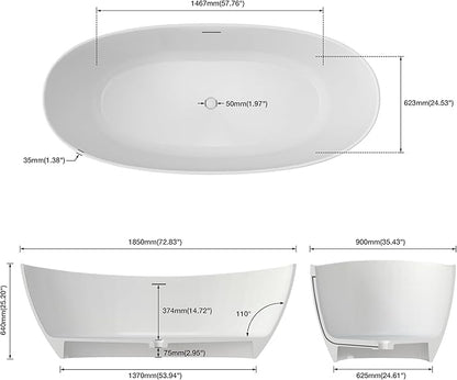 73" Premium Solid Surface Freestanding Bathtub, Contemporary Design Stand Alone Stone Resin Tub with Overflow and Pop-up Drain, Matte White