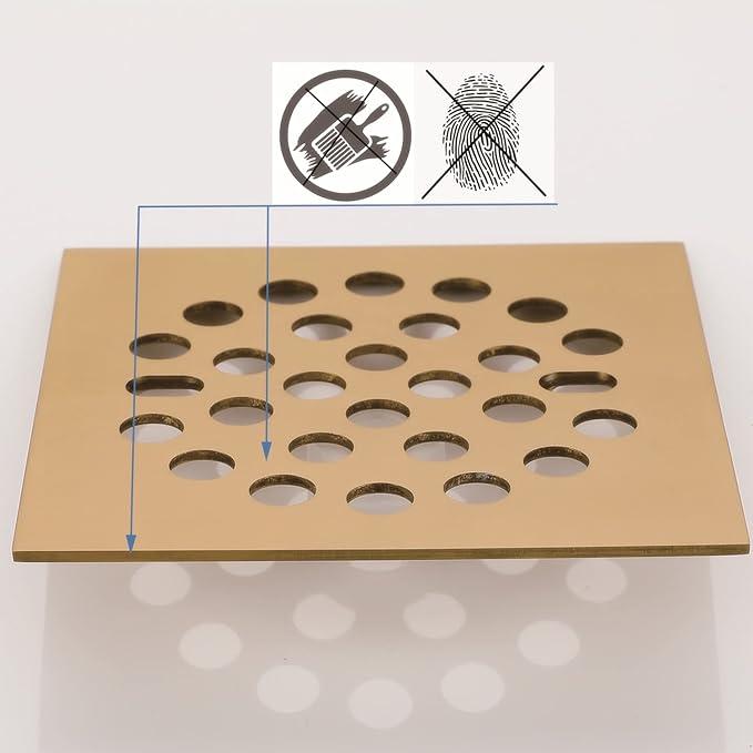 RRAJJ Square Improve 4-1/4 Inch(108mm*108mm) Screw-in Shower Floor Drain Grate Strainer (Brushed Gold)