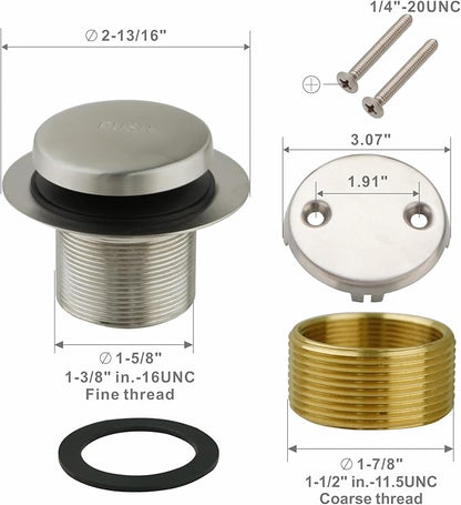 Bathtub Drain Tip Toe Tub Conversion Kit, Replacement Bath Trim with Two-Hole Overflow Faceplate and Universal Fine/Coarse Thread Assembly, Brushed Nickel