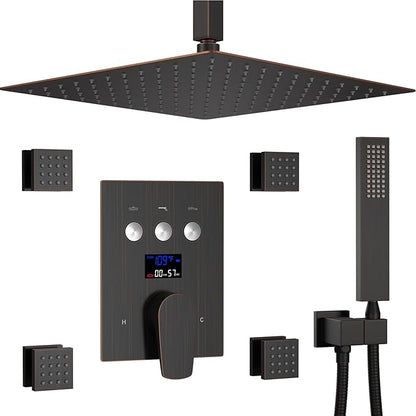 Shower System Oil Rubbed Bronze Shower Faucet Set 12 Inch Ceiling Mounted Full Body Shower System with Body Jets, Handheld Spray, Temperature Display Shower Valve