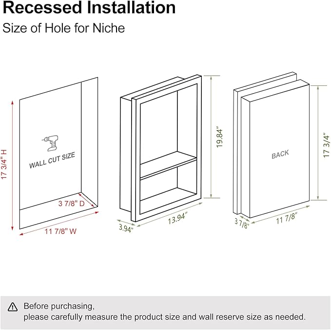 12x18 Black Shower Niche for Shower Wall,Bathroom Medicine Cabinet Recessed,Surface Mount Medicine Cabinet,Small Bathroom Wall Cabinet,Recessed Wall Niche for Over Toilet Storage/Living Room