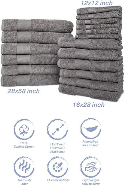 Hencely 18-Piece Bath Towel Set - High Absorbency, Quick Drying - 100% Soft Turkish Cotton - 6 Bath Towels, 6 Hand Towels, 6 Washcloths - Bathroom, Home, Hotel, Spa, and Gym - 18-Pack Gray