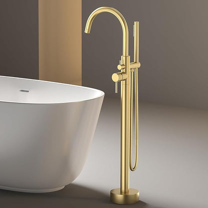 Freestanding Bathtub FaucetFloor Mount Bathtub Filler Shower Mixer Faucet with Handheld Shower Sprayer Swivel, Side Inlet，Gold
