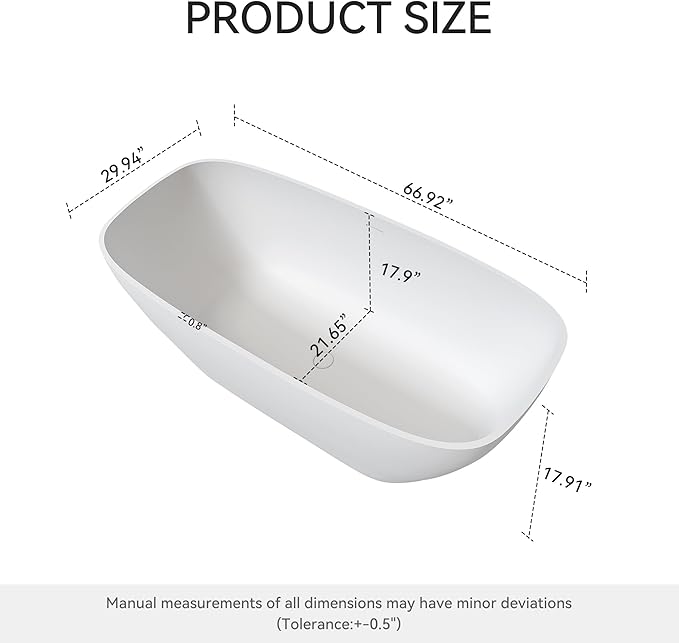 67" Premium Solid Surface Freestanding Bathtub, Upgraded Modern Design Stand Alone Tub with Overflow and Pop-up Drain, Matte White
