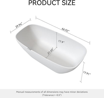 67" Premium Solid Surface Freestanding Bathtub, Upgraded Modern Design Stand Alone Tub with Overflow and Pop-up Drain, Matte White