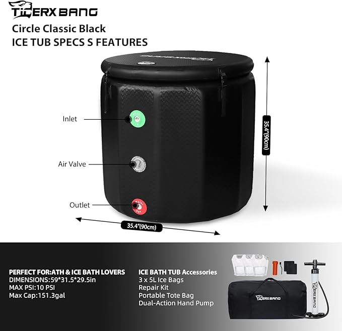 Ice Bath Tub,Inflatable Cold Plunge Tub, Water Chiller Compatible,151.3Gallon Portable Ice Plunge Tub for Athletes, Adult Ice Bath Enthusiasts(Circle Classic Black)