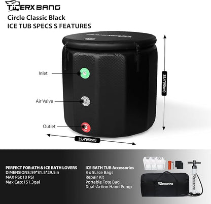 Ice Bath Tub,Inflatable Cold Plunge Tub, Water Chiller Compatible,151.3Gallon Portable Ice Plunge Tub for Athletes, Adult Ice Bath Enthusiasts(Circle Classic Black)